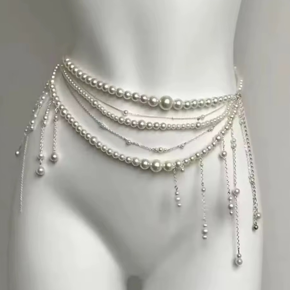 Anthropologie Multi-Strand Pearl Chain Belt in White and Silver